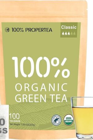100% Propertea Organic Green Tea Bags, 100 Count Eco-Friendly Tea Bags, Classic Taste, Caffeinated, Rich in Antioxidants, Resealable Pouch