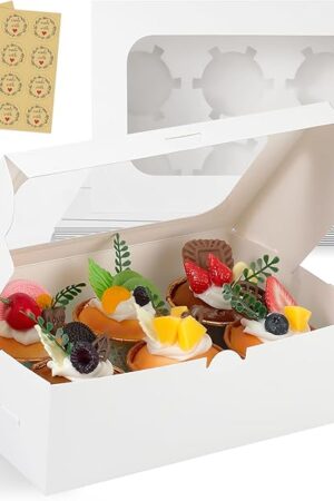 White Cupcake Boxes Holds 6 Standard Cupcake Container,50 Packs,Pastry and Bakery,9.4x6.1x3.14Inches Cookie Boxes with Window and Six Treat Holder for Birthday Holiday Party Bakery