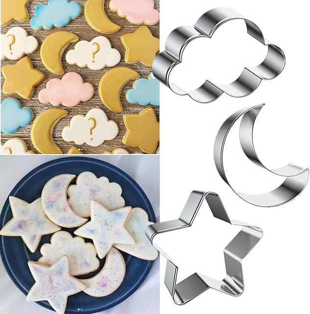3 Pieces Star, Moon and Cloud Cookie Cutters Stainless Steel Biscuit Cutters Molds Shapes for Baby Shower or Gender Reveal Party