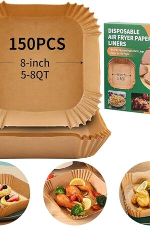 Air Fryer Liners Disposable Paper, 150 PCS Non-stick Parchment Paper, Air Fryer Disposable Liners For 5-8QT Air fryer, Oil-proof 8 Inch Airfryer Paper for Frying, Baking, Roasting Microwave (Square)