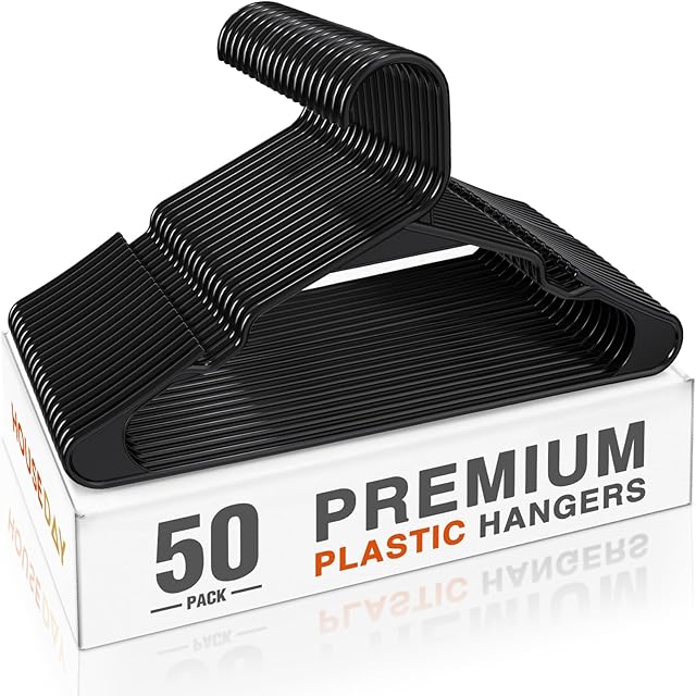 HOUSE DAY Plastic Hangers 50 Pack - Black Clothes Hangers with Non-Slip Shoulder Grooves, Durable and Sturdy Coat Hanger, Space Saving Slim Design Perfect for Closet Organizers and Storage