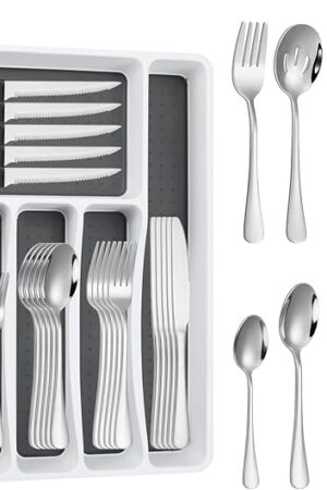 53PCS Silverware Set for 8 with Flatware Drawer Organizer, Stainless Steel Cutlery Set with Steak Knives, Include Spoons and Forks Set & Serving Utensils, Mirror Polished, Silver