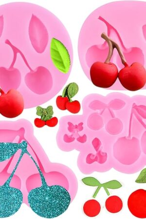 ZiXiang Cherry Silicone Mold Cherry Leaves Fondant Molds Cherry Chocolate Mold For Fruit Cake Decorating Cupcake Topper Gum Paste Candy Polymer Clay Set Of 4