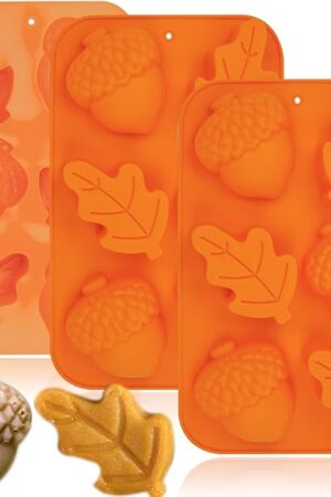 3 Pack Acorn Leaf Silicone Chocolate Molds, 3D Thanksgiving Fall Theme Candy Molds Fall Autumn Baking Molds for Jelly Pudding Brownie Soap Ice Cube Trays Candle Muffins Cake Decor Making