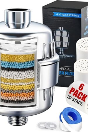 Chrome 20 Stage Vitamin C Shower Filter with 6 Cartridges – Reduces Dry Skin, Dandruff, Eczema & Hair Loss | High Output Hard Water Softener to Remove Chlorine, Fluoride & Heavy Metals