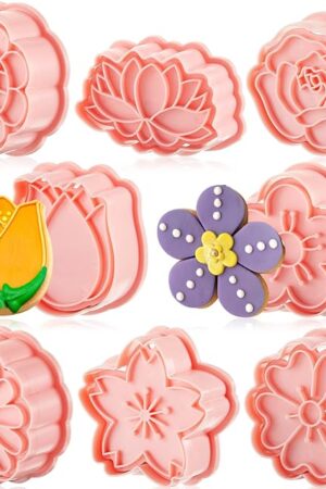 8 Pcs Flower Cookie Cutters 3D 8 Styles Summer Daisy Sunflower Tulip Rose Variety Pack Shaped Mold Plastic Pink Cookie Cutters for Summer Wedding Bridal Baby Shower Friendship Party Supplies