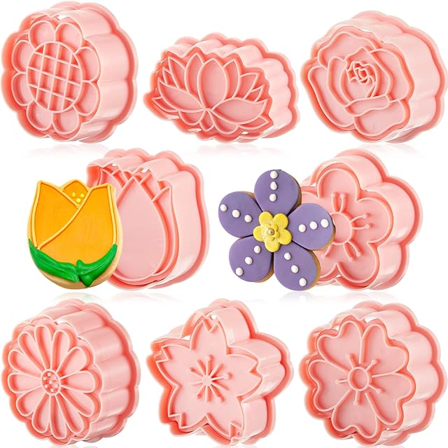8 Pcs Flower Cookie Cutters 3D 8 Styles Summer Daisy Sunflower Tulip Rose Variety Pack Shaped Mold Plastic Pink Cookie Cutters for Summer Wedding Bridal Baby Shower Friendship Party Supplies