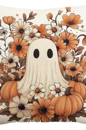 AVOIN colorlife Halloween Ghost Pumpkin Throw Pillow Cover, 18 x 18 Inch Holiday Farmhouse Orange Flower Spooky Cushion Case Decoration for Sofa Couch