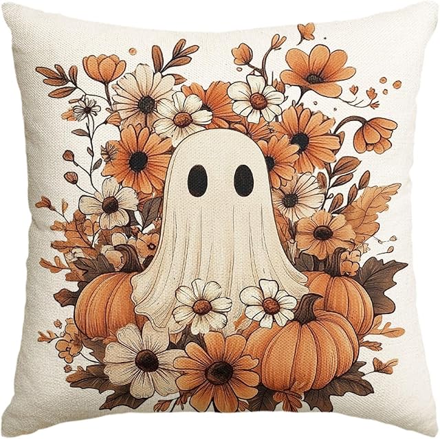AVOIN colorlife Halloween Ghost Pumpkin Throw Pillow Cover, 18 x 18 Inch Holiday Farmhouse Orange Flower Spooky Cushion Case Decoration for Sofa Couch