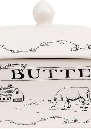 Creative Co-Op Country Stoneware Butter Dish with Lid, "Spread the Love" Message, and Farm Line Drawing, White and Black, Food, Microwave, and Dishwasher Safe