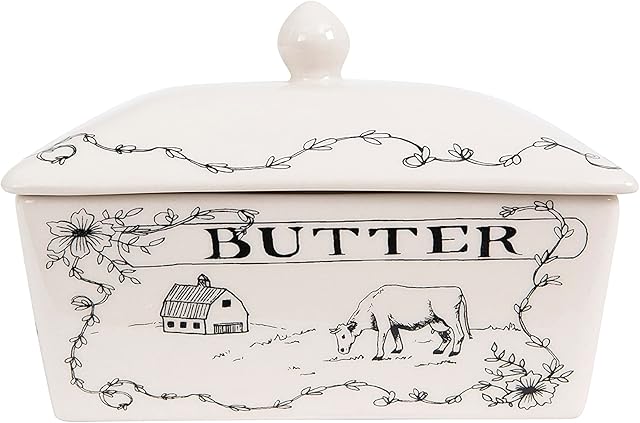 Creative Co-Op Country Stoneware Butter Dish with Lid, "Spread the Love" Message, and Farm Line Drawing, White and Black, Food, Microwave, and Dishwasher Safe