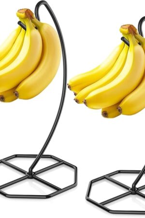 2 Pack Banana Hanger, Banana Tree Holder Metal, Banana Stand Holder, Holds Up to 15LB Banana or Grape, Banana Rack for Kitchen Counter, Black