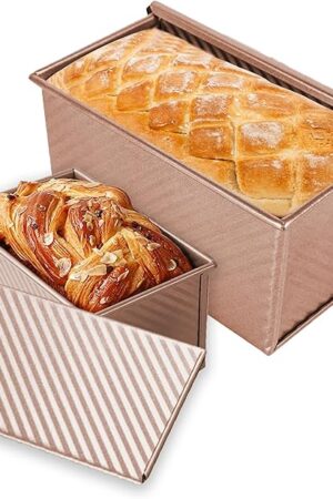 2 PCS Pullman Loaf Pan with Lid, 1Lb/0.5Lb Dough Capacity Bread Loaf Pans, Non-Stick Coating Bread Pans for Homemade Bread, Carbon Steel Corrugated Sandwich & Toast Loaf Pans with Cover