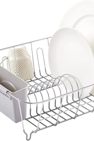 Dish Drying Rack & Cutlery Holder 2 Piece Set - Compact Sink-Fitting Dish Drainer with Rubberized Undercoating, Space-Saving Kitchen Organizer for Plates, Cups, Bowls & Utensils In Sink, Silver