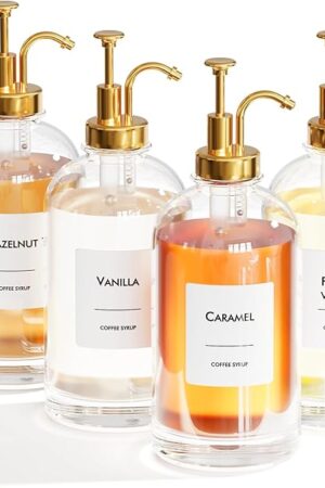 16.9 oz (500 ml) Coffee Syrup Dispenser Set- 4 Glass Bottles with Gold Pumper and Syrup Labels - Precise Dispensing and Stylish Addition to Coffee Shop, Cafe or Home Bar