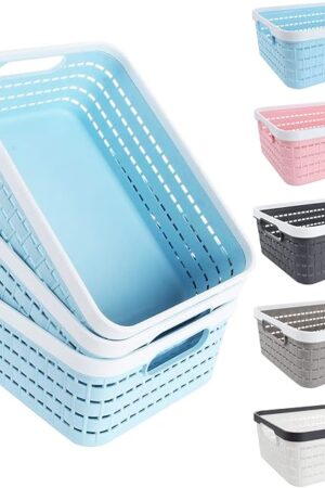 CertBuy 3 Pack Plastic Storage Baskets 11.3 x 8.7 x 4.3 Inch, Small Weave Storage Bins with Handle for Cabinet, Shelf, Kitchen, Bedroom, Bathroom and office – Blue