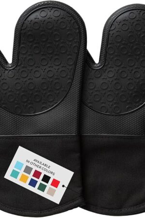 BPA-Free Silicone Oven Mitts Ultra Heat Resistant up to 500°F - Oven Mitts with Thick Cotton Liner - Long Slip Resistant Pot Holders, Flexible Oven Gloves - Black 13.7"