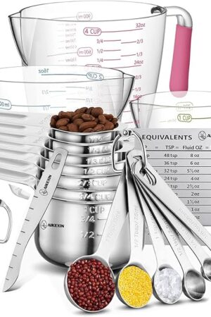 20-Piece Measuring Cups and Spoons Set, Nesting Stainless Steel Measuring Cups Spoons with Plastic Measuring Cup for Dry and Liquid Ingredients, Kitchen Cooking & Baking Gadgets