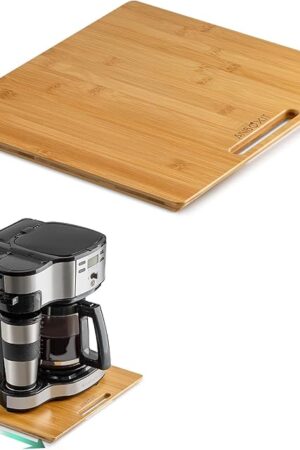Bamboo Appliance Slider, Sliding Tray for Coffee Maker, Kitchen Countertop Appliance Rolling Tray, Coffee Pot Slider Tray with Rubber Wheels, Wide - Medium (13"D x 14"W)