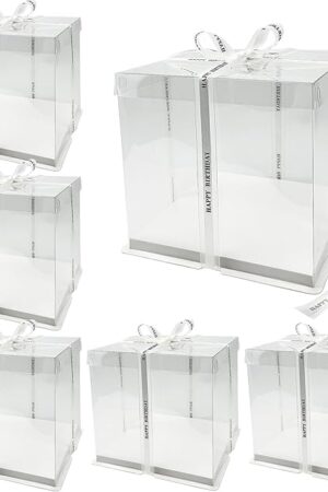 6 Pack Clear Cake Box with Ribbon - 10 x 10 x 9.75 Inch Tall PET Cake Carrier Boxes 2-Layer Transparent Gift Packaging Box with Lid for Wedding, Birthday, Festival Cakes Display and Transport