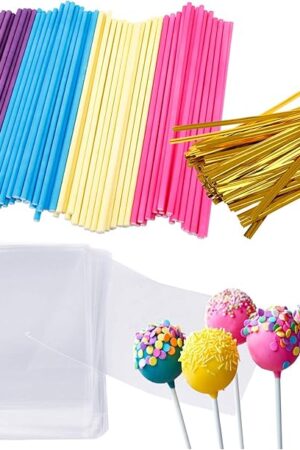 Augshy 300 Pcs Colorful Cake Pops Making Tools,More Larger Than Other Lollipop Sticks and Clear Bags