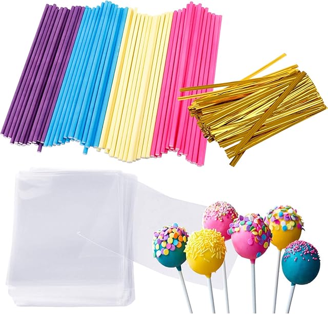 Augshy 300 Pcs Colorful Cake Pops Making Tools,More Larger Than Other Lollipop Sticks and Clear Bags