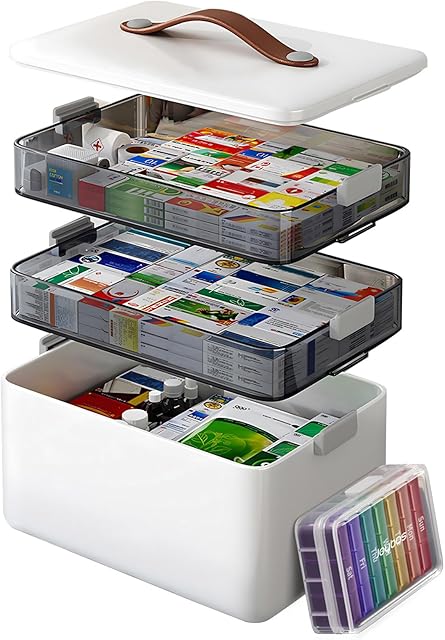 O-MART 3-Tier Medicine Cabinet Organizer with Leather Handle, Empty Plastic First Aid Kit, Multipurpose Storage Box with A Portable Weekly Pill Organizer for Family Emergencies, Home, Travel, White