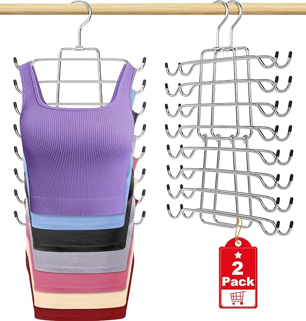 2Pcs Tank Top Hangers Space Saving Hanger Organizer Bra Hangers for Closet Organizer 360° Rotating Metal Closet Organizers and Storage Lingerie Hangers for Cami Bras Belts Swimsuits Lingeries Silver