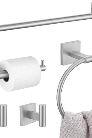 5 Pieces Bathroom Hardware Set, Brushed Nickel Towel Bar Set Includes 23.6? Towel Bar, Towel Ring Holder, Toilet Paper Holder and Two Towel Hooks, Bathroom Accessories Set SUS304 Wall Mounted