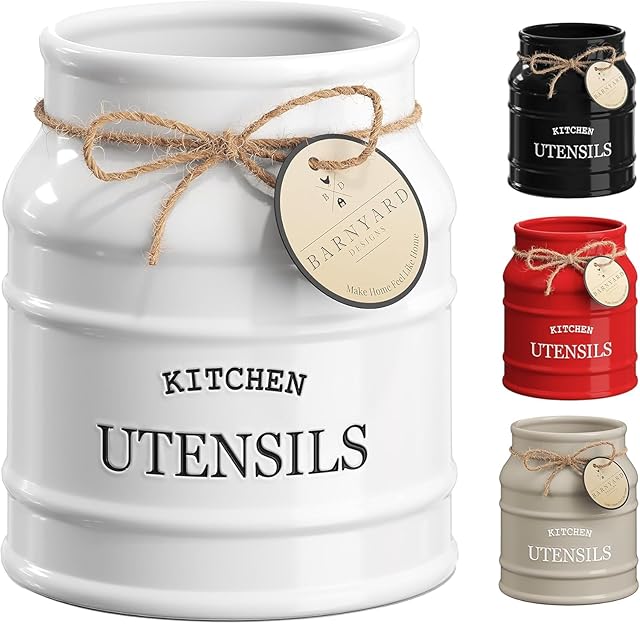 Barnyard Designs Ceramic Farmhouse Utensil Holder for Kitchen Counter, Large Rustic Utensil Crock, Countertop Cooking Tool Spatula Organizer, 6.75? (White)