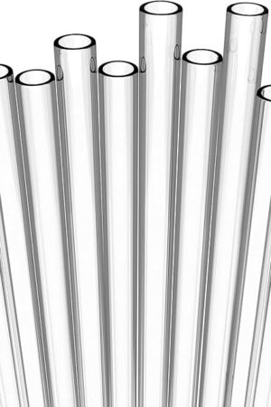 10 Long Clear Straws - Hard Clear Plastic Reusable Drinking Straws + Sturdy Cleaning Brush - for Tumblers, Mason Jars, Milkshakes and Smoothies - Dishwasher Safe BPA Free