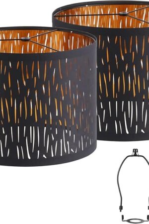 Black Lampshades Set of 2, Drum Lamp shade with Hollow-carved Design, 12.7" x 12.7" x 10 Inches Lampshades for Table Lamp, Floor Lamp, Pendant Light, Lamp Shade Harp Holder Included