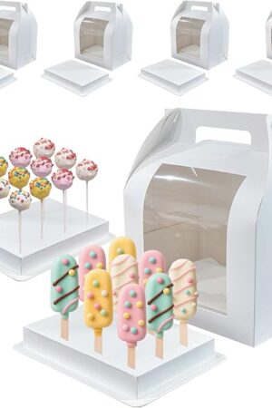 4 Pack Portable Cake Pop Holder Boxes,Cake Pop Boxes Packaging, Cake Pop Display Stand with Clear Window,white Cakesicle boxes