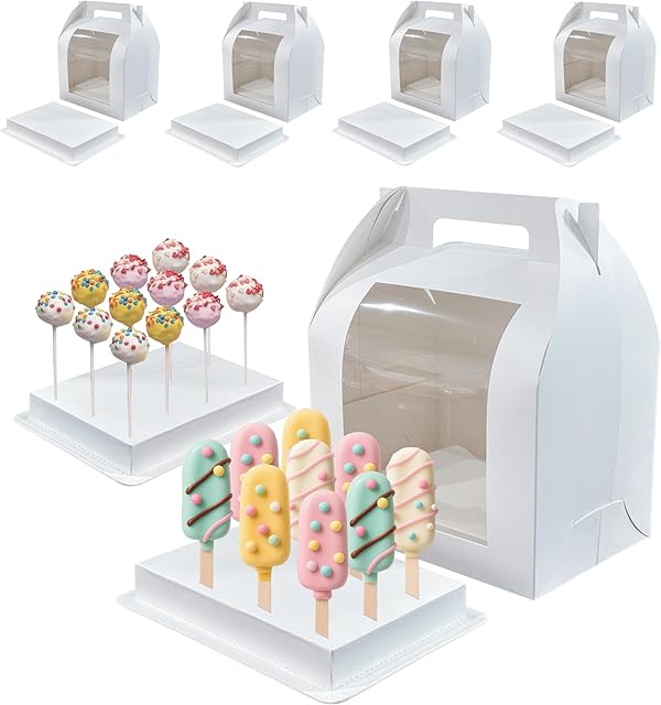 4 Pack Portable Cake Pop Holder Boxes,Cake Pop Boxes Packaging, Cake Pop Display Stand with Clear Window,white Cakesicle boxes