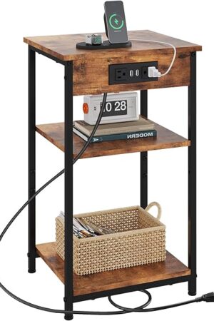 WLIVE End Table with Charging Station, Small Night Stand with 3 Storage Shelves, Side Tables for Small Spaces, Bedside Tables for Living Room, Bedroom, Rustic Brown