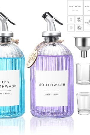 2 Pack Glass Mouthwash Dispenser, 16.9oz Bottles with Pour Spouts | Includes 21 Paper Cups | With Funnel and Labels | Refillable Bottles | With Wooden Tag | Reusable Container Set