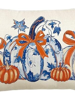 AVOIN colorlife Fall Pumpkins Chinoiserie Grandmillennial Throw Pillow Cover 12x20 Inch, Blue and Orange Seasonal Autumn Thanksgiving Harvest Decoration for Sofa Couch Farmhouse