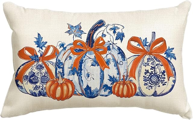 AVOIN colorlife Fall Pumpkins Chinoiserie Grandmillennial Throw Pillow Cover 12x20 Inch, Blue and Orange Seasonal Autumn Thanksgiving Harvest Decoration for Sofa Couch Farmhouse
