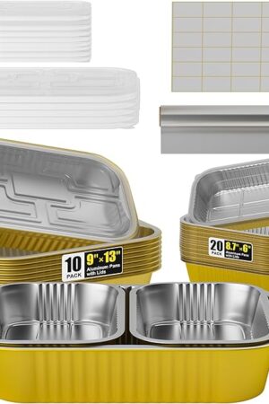 30Pack Aluminum Pans with Lids Kit-10Pack (9x13) Half Size Oven Steam Table Tin Foil Pans Collocation 20Pack (8.7*6) Disposable Baking Pan Chafing Trays with 33ft Aluminum Foil and 30 Label Stickers