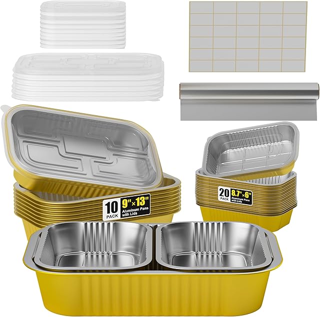 30Pack Aluminum Pans with Lids Kit-10Pack (9x13) Half Size Oven Steam Table Tin Foil Pans Collocation 20Pack (8.7*6) Disposable Baking Pan Chafing Trays with 33ft Aluminum Foil and 30 Label Stickers