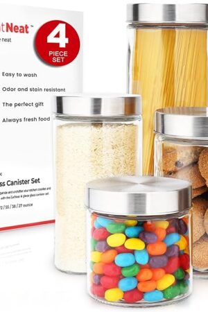 EatNeat 4-Piece Sleek Glass Canister Set with Brushed Stainless Steel Lids – Giftable, Durable Storage Containers for Countertop Use – Dishwasher-Safe Jars in Various Sizes for Pantry & Kitchen