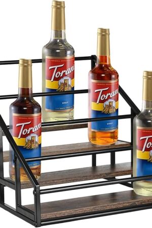 Coffee Syrup Organizer Rack, Liquor Bottle Display Shelf, Spice Racks, 4-Tier 16 Syrup Bottles Holder Stand for Coffee Bar Kitchen Small Wine Rack for Bar Family Storage for Syrup Wine Dressing