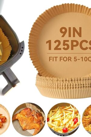 125Pcs 9 inch Round Disposable Air Fryer Parchment Liners-Non-Stick Parchment Sheets for Air Fryer Basket Microwave – Oil-proof, Water-proof, Effortless Cleanup for Baking
