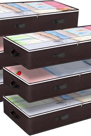 Budding Joy 6 Pack 90L Under bed Storage Containers Organizer Large Capacity Underbed Clothes Storage Bins Organization and Storage Bedroom Foldable Storage Bags with Clear Window Brown