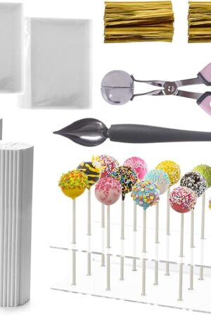 Cake Pop Kit Including 200 pcs 6 inch Lollipop Sticks and 200 pcs Clear Wrappers, 15 hole Clear Acrylic Display Stand, 1 pcs Metal Baller Scoop, 1 pcs Culinary Decorating Scooper, Gold Twist Ties