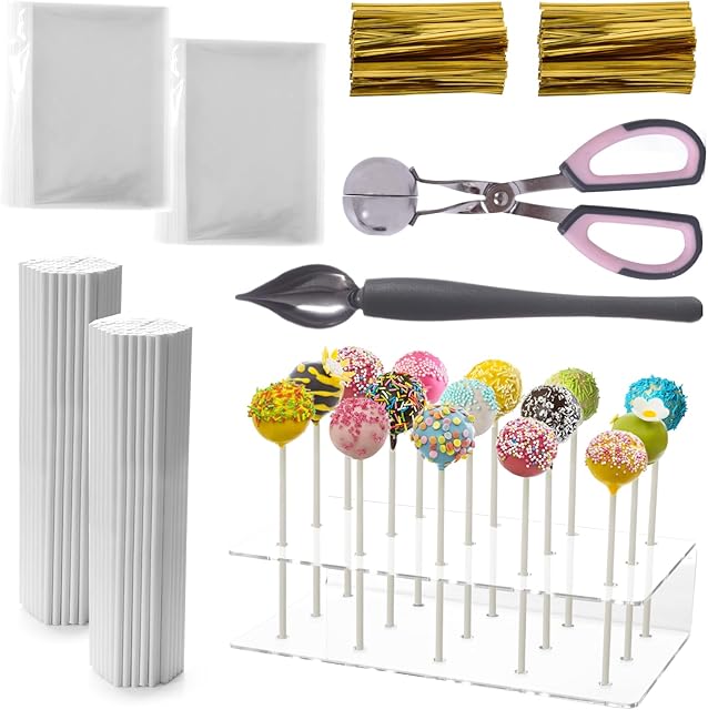 Cake Pop Kit Including 200 pcs 6 inch Lollipop Sticks and 200 pcs Clear Wrappers, 15 hole Clear Acrylic Display Stand, 1 pcs Metal Baller Scoop, 1 pcs Culinary Decorating Scooper, Gold Twist Ties