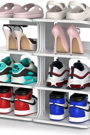 ZOINLIY Stackable Shoe Organizer for Closet, Small Shoe Rack for Entryway, Bedroom, Dorm Rooms, Free Standing Shoe Shelf, Plastic Shoe Cubby for Small Space, Grey Space Saver Shoe Holder