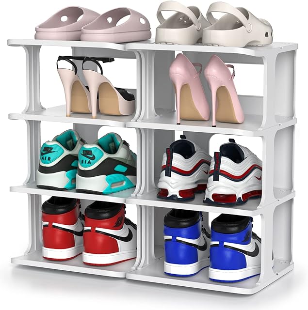 ZOINLIY Stackable Shoe Organizer for Closet, Small Shoe Rack for Entryway, Bedroom, Dorm Rooms, Free Standing Shoe Shelf, Plastic Shoe Cubby for Small Space, Grey Space Saver Shoe Holder