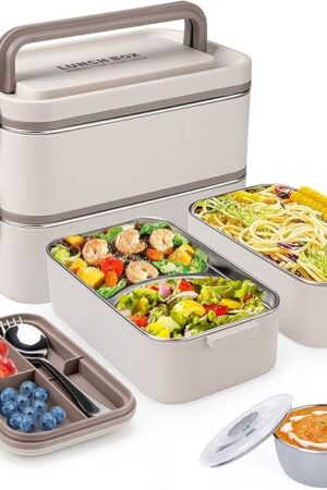 Bento Box Adult Lunch Box, Stackable 2 Layer 304 Stainless Steel Lunch Container for Adults Kids Office, 2L Capacity Portable Lunch Box Containers with Soup Bowl Spoon and Fork