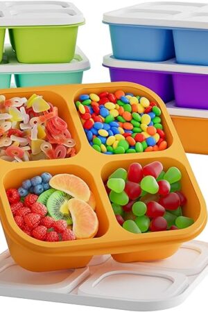 6 Pcs Bento Snack Containers, Reusable 4 Compartment Food Storage Container with Lids, Divided Lunchable Container, Freezer, Microwave & Dishwasher Safe (6 Color)